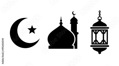 Islamic icons moon, mosque, and lantern