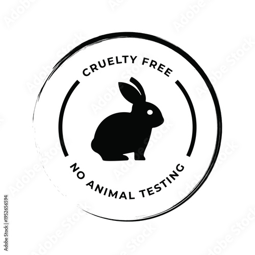Cruelty Free No Animal Testing Badge with Rabbit Silhouette Black Circle Brush Stroke Stamp Vector Icon