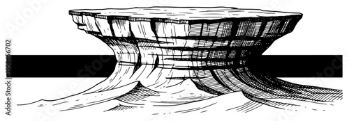 Vintage engraving of a desert mesa plateau rock formation in woodcut style