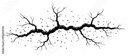 Large organic crack in a wall with branched fissure lines and weathered grunge details