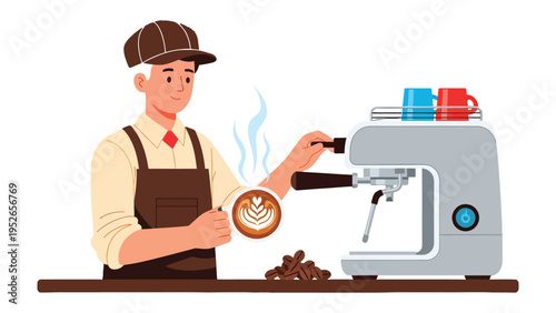 Barista Crafting Coffee Art: A skilled barista expertly crafts a latte with intricate art, embodying the art of coffee-making. This image captures a moment of dedication and skill.