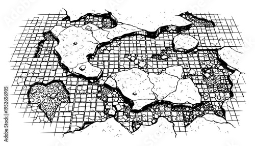 Cracked tile floor architectural sketch with broken surface and vintage engraving style details