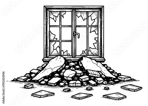 Vintage hand drawn engraving of a broken window with shattered glass and a pile of rubble
