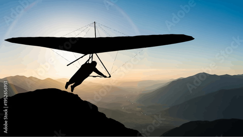 Hang Glider Silhouette Launching Off Mountain Cliff at Sunrise