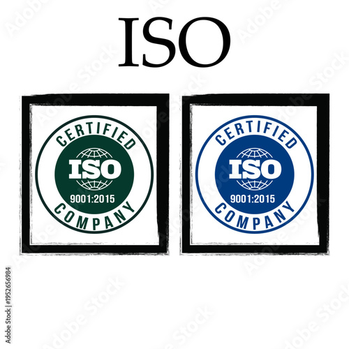 ISO 9001 2015 Certified Company Round Stamp Set Green Blue Quality Management Certification Badge Vector
