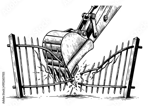 Construction excavator bucket breaking through a metal fence in hand drawn etching style