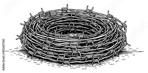 Coiled roll of sharp barbed wire for security illustrated in vintage hand drawn etching style