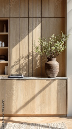 Minimalist Living Room with Light Wood Cabinetry