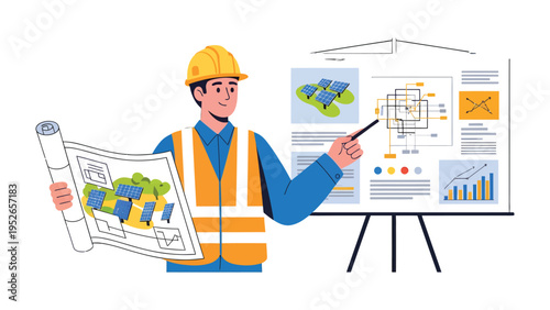 Solar Energy Architect: A dedicated architect stands before a presentation, showcasing the blueprints and layout for a solar energy project, representing innovation and a cleaner future.