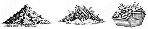 Hand drawn construction waste piles including scrap wood and full dumpster in vintage engraving style