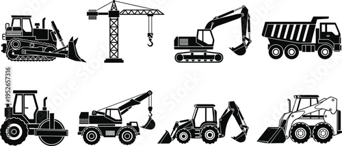 Black and white heavy construction machinery icons set including excavator, crane, bulldozer, dump truck, loader, and roller cad drawing flat vector illustration