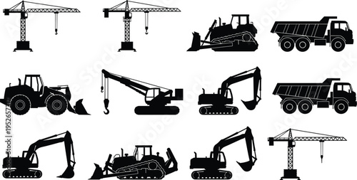 Heavy construction machinery silhouettes set including excavator, tower crane, bulldozer, loader, and dump truck black cad drawing flat vector illustration