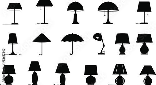 Collection of modern table lamps and desk light silhouettes featuring various lampshade styles, office lighting fixtures, and home interior decor elements.