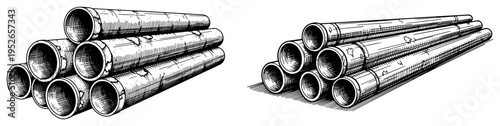 Hand drawn stack of large industrial pipes or plumbing tubes in vintage engraving style