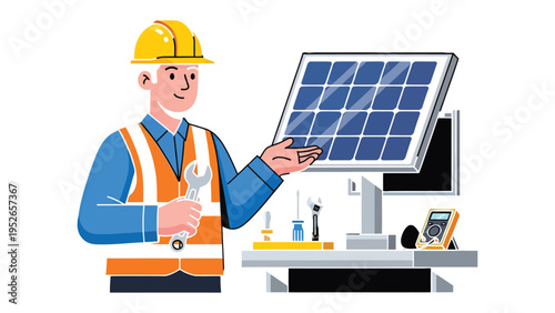 Solar Panel Technician: A skilled technician, equipped with tools, carefully examines a solar panel. Illustrating expertise in renewable energy and the advancement of sustainable technology.