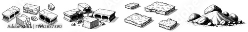 Hand drawn broken concrete blocks and piles of sand or gravel in vintage engraving style