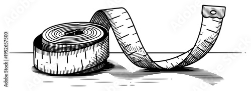 Unrolled measuring tape for sewing or construction in vintage hand drawn etching style