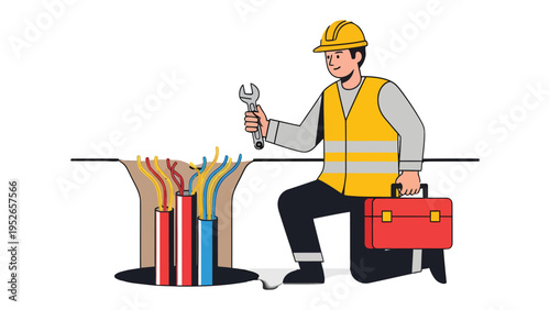 Electrician at Work: A skilled electrician, equipped with a wrench, kneels beside a conduit of colorful cables, ready to perform repairs.