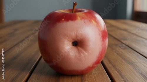 Close-up of a single red and pink apple with a unique, deep indentation on a rustic wooden table, showcasing unusual fruit texture and natural light