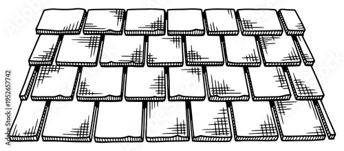 Perspective view of traditional roof shingles in vintage etching style