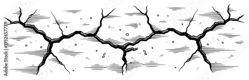 Horizontal deep cracks in a concrete surface with vintage hand drawn etching details