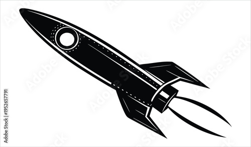 Retro style black rocket ship blasting off with flames