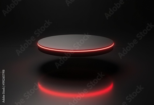 Futuristic red-glowing floating disc on dark surface