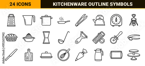 Professional Culinary Equipment and Kitchenware Outline Symbols Featuring Minimalist Monoline Aesthetic for Restaurant and Menu Design
