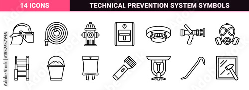 Technical Monoline Fire Safety Symbol Set Featuring High Clarity Emergency Equipment Outlines for Professional Protection and Prevention Graphics