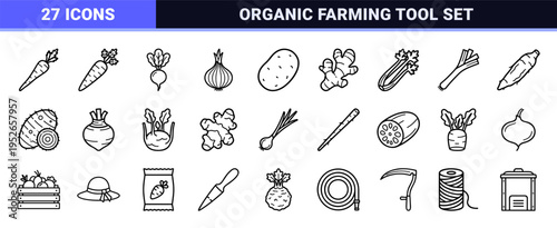 Vegetable Garden and Agriculture Minimalist Technical Monoline Symbols for Organic Farming Interface and Sustainable Food Design Systems
