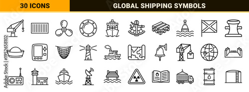 Marine Logistics and Nautical Commerce Outline Icons Featuring Minimalist Monoline Ship Symbols for Commercial Shipping and Harbor Management
