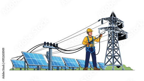 Harnessing Solar Energy: A technician meticulously works on an electrical tower connected to a field of solar panels, showcasing the synergy between renewable energy and modern infrastructure.
