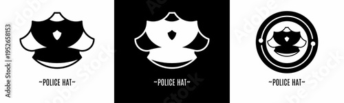 Police hat logo set. Collection of black and white logos. Stock vector.