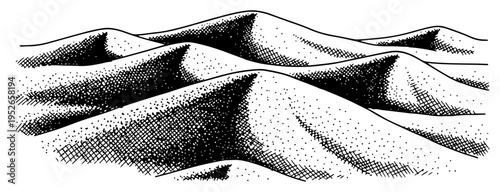 Stipple and woodcut style engraving of rolling desert sand dunes landscape