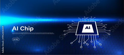  microchip icon on blue futuristic background. Artificial intelligence hardware system for advanced computing, data processing and smart digital technology.