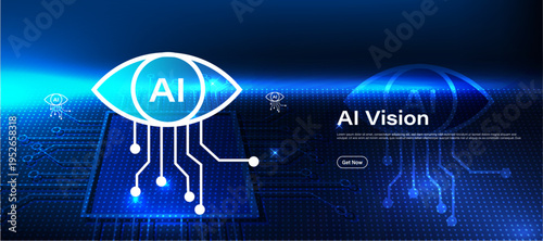AI vision concept with digital eye and scanning icon on blue technology background. Artificial intelligence system for image recognition, computer vision and smart visual data analysis.