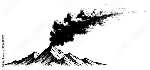 Active volcano erupting with thick smoke clouds in vintage hand drawn style