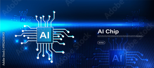 AI chip technology concept with processor microchip icon on blue futuristic background. Artificial intelligence hardware system for advanced computing, data processing and smart digital technology.