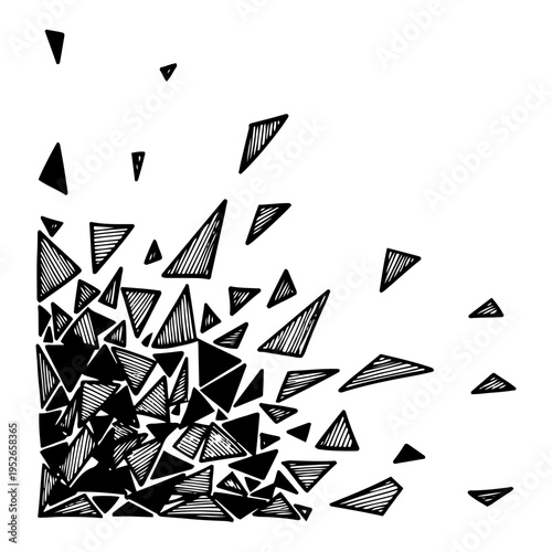 Hand drawn shattering triangular fragments or broken glass shards in vintage engraving style