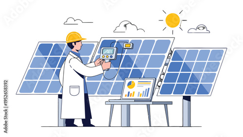 Solar Panel Inspection: A dedicated scientist meticulously inspects the photovoltaic panels, utilizing advanced technology to assess the energy potential of solar power under a radiant sky.