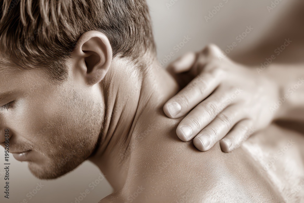 Fototapeta premium Close-up studio shot showcasing a man receiving a neck massage, emphasizing relaxation and therapeutic touch, spa treatment for wellness and stress relief.