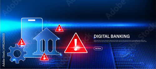 Digital banking alert concept with warning sign and secure bank transaction icon. Financial technology system for monitoring online banking, detecting risks and protecting digital financial operations