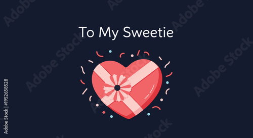 Heart shaped gift box with a pink bow includes the text to my sweetie on a dark navy blue background for a romantic valentine's day theme.
