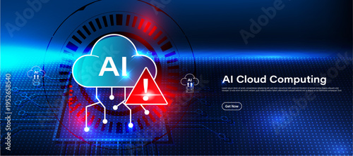 Cloud computing alert concept with warning sign and cloud server icon. Modern technology system for monitoring cloud operations, detecting risks and ensuring secure digital computing services.