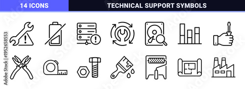 Technical System Maintenance and Industrial Hardware Repair Neo-Line Art Symbols for Professional Software Interface and Diagnostic Dashboard