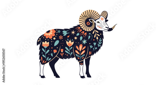 Detailed illustration of a majestic ram features ornate floral patterns on its body and large curved horns against a plain white background.