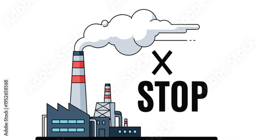 Industrial factory complex with smoking chimneys and a large black stop sign with a cross symbol represents the fight against air pollution.