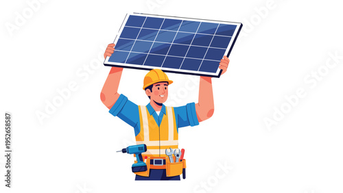 Solar Panel Installation: A skilled technician, radiating competence, proudly holds up a solar panel. Illustrating the innovation and installation.