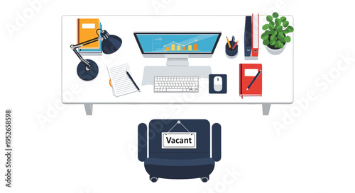 Overhead view of an organized white office desk features a computer monitor, books, a lamp, and a vacant sign hanging on a navy blue chair.