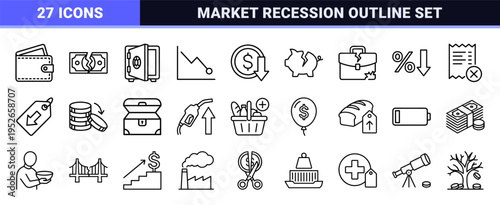 Financial Crisis Technical Monoline Symbols for Economic Recession Analysis and Currency Devaluation Visuals with Minimalist Outline Aesthetic